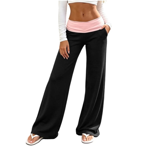 Lmueinov Womens Color Block Yoga Pants with Pockets High Waisted Soft Flowy Trousers Full Length Loungewear Pants For Women Daily Workout