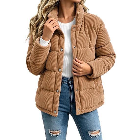 Lmueinov Womens Corduroy Puffer Jacket Outdoor Stand Collar Button Down Quilted Coats Fall Winter Casual Warm Outerwear Coat with Pockets