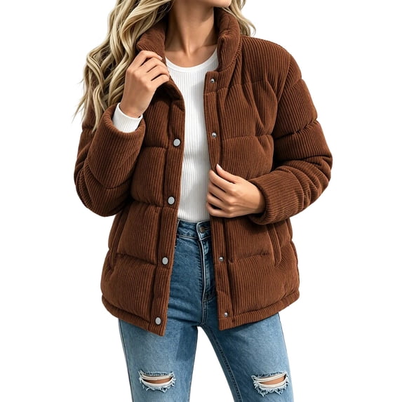 Lmueinov Womens Corduroy Puffer Jacket Outdoor Stand Collar Button Down Quilted Coats Fall Winter Casual Warm Outerwear Coat with Pockets