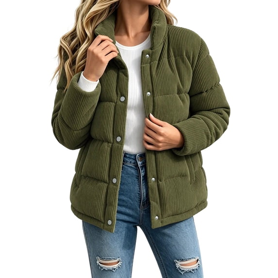 Lmueinov Womens Corduroy Puffer Jacket Outdoor Stand Collar Button Down Quilted Coats Fall Winter Casual Warm Outerwear Coat with Pockets