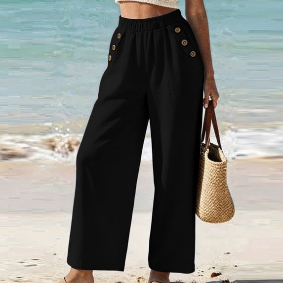 Lmueinov Womens Cotton Wide Leg Pants Elastic Waist Casual Trousers with Decorative Buttons Solid Color Flowy Long Pants for Summer Beach Vacation Clothes