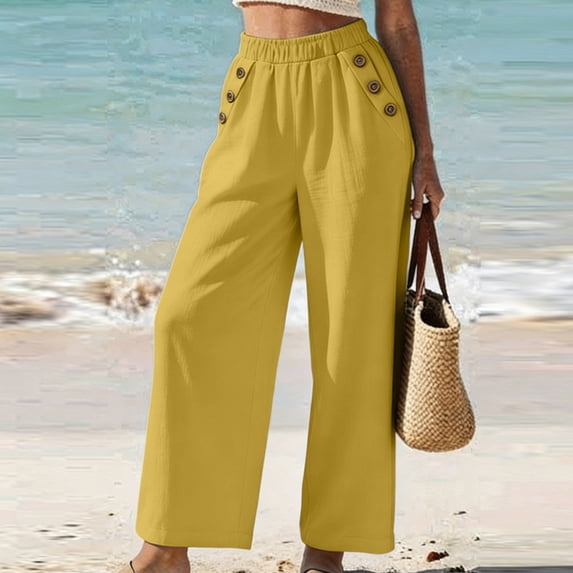 Lmueinov Womens Cotton Wide Leg Pants Elastic Waist Casual Trousers with Decorative Buttons Solid Color Flowy Long Pants for Summer Beach Vacation Clothes