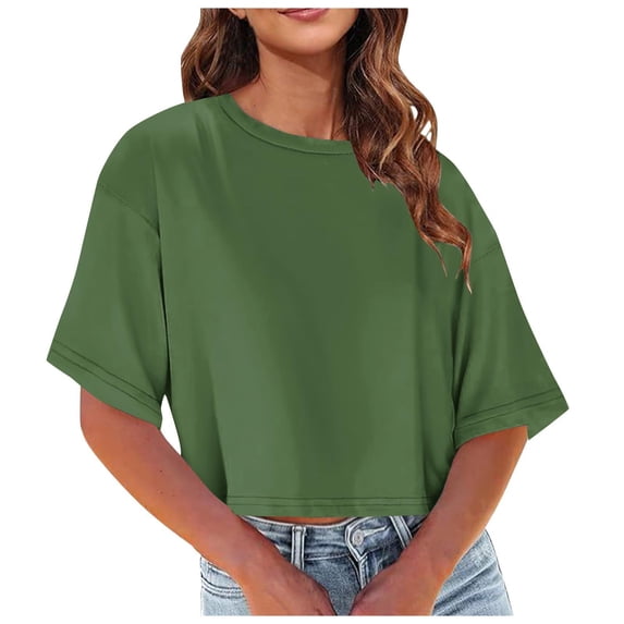 Lmueinov Womens Crew Neck Cropped Top Half Sleeve Loosed Fit Tee Trendy 2026 Summer Fall Casual T-Shirts for Daily Wear
