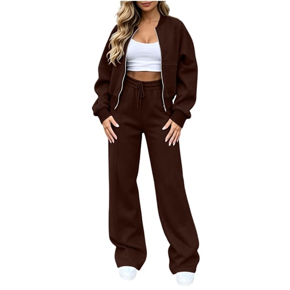 Lmueinov Womens Fall 2 Piece Set Sweatsuits Lounge Fall Outfits Zip Up Crew Neck Jackets and Wide Leg Sweatpants Set Soft Casual Loungewear