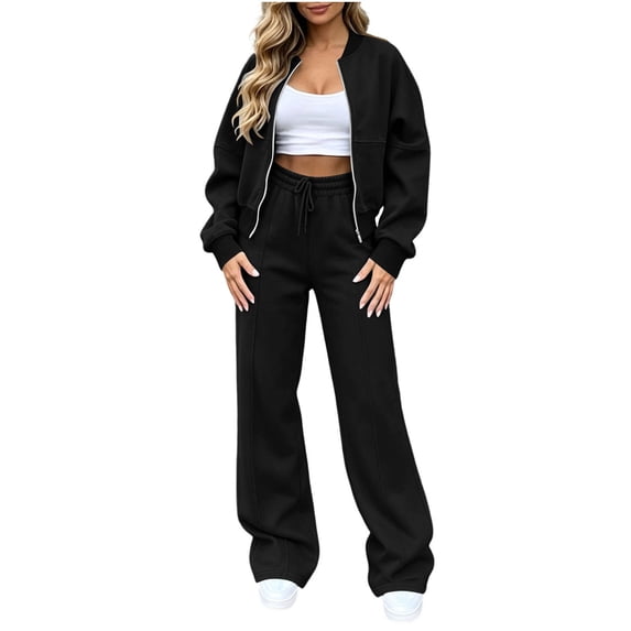 Lmueinov Womens Fall 2 Piece Set Sweatsuits Lounge Fall Outfits Zip Up Crew Neck Jackets and Wide Leg Sweatpants Set Soft Casual Loungewear