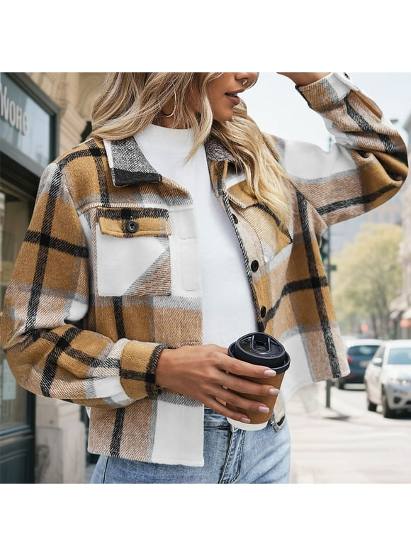 Womens Shacket Jacket Cropped Flannel Shirts for Women Plaid Button Down Shirt Fashion Fall Outfits for Women Coat Tops, S-4XL