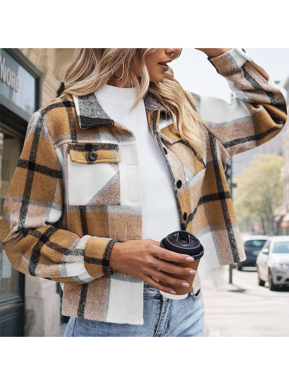 Womens Shacket Jacket Cropped Flannel Shirts for Women Plaid Button Down Shirt Fashion Fall Outfits for Women Coat Tops, S-4XL