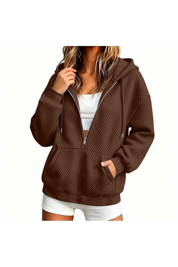 Womens Half Zip Hoodie Textured Drawstring Hoodie Jacket with Front Pocket Zip Mock Neck Fall Winter Loungewear Athletic Daily Outfits