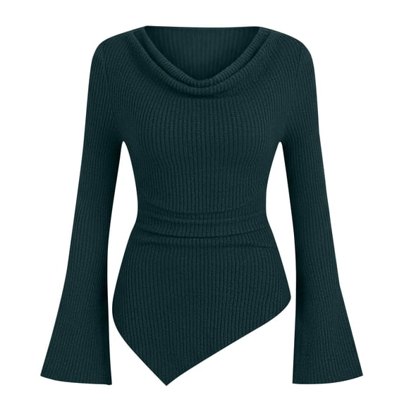 Lmueinov Womens Long Flare Sleeve Shirts Ribbed Knit Cowl Neck Tops for Women Off Shoulder Tops with Asymmetrical Hem Slim Fit Casual Dressy Blouses