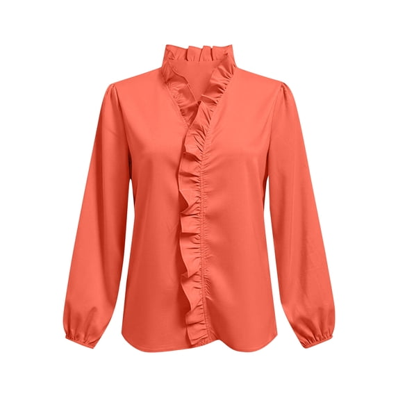 Lmueinov Womens Long Puff Sleeve Shirts Plus Size V Neck Ruffle Loose Pullover Blouses Fall Solid Dressy Lightweight Business Casual Tops S-5XL