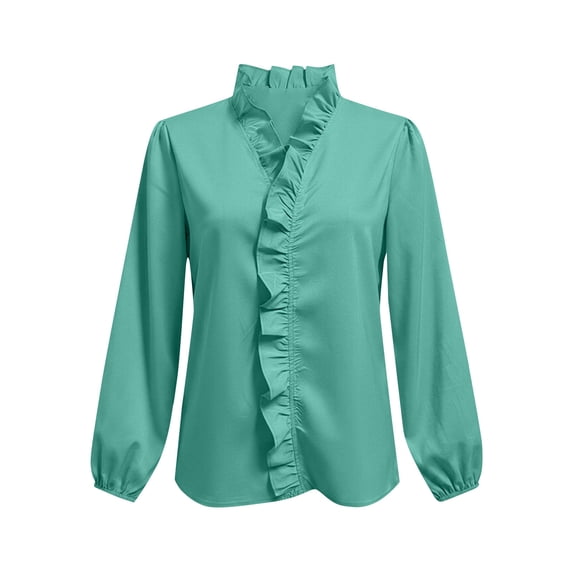 Lmueinov Womens Long Puff Sleeve Shirts Plus Size V Neck Ruffle Loose Pullover Blouses Fall Solid Dressy Lightweight Business Casual Tops S-5XL