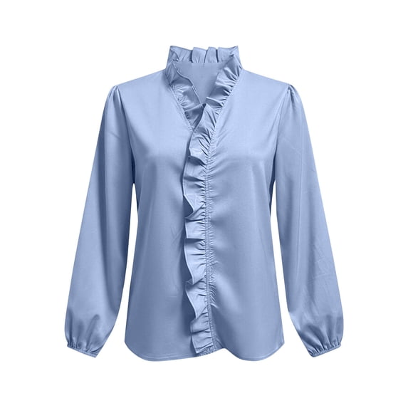 Lmueinov Womens Long Puff Sleeve Shirts Plus Size V Neck Ruffle Loose Pullover Blouses Fall Solid Dressy Lightweight Business Casual Tops S-5XL