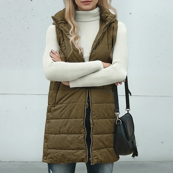 Lmueinov Womens Long Puffer Vest with Hood, Lightweight Sleeveless Quilted Jacket with Pockets Zip Up Winter Warm Outerwear