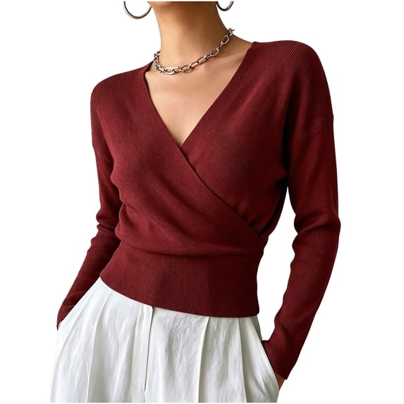 Lmueinov Womens Long Sleeve Knit Shirts Wrap V-Neck Cropped Pullover Sweater with Ribbed Hem for Women Cross Front Soft Business Casual Tops