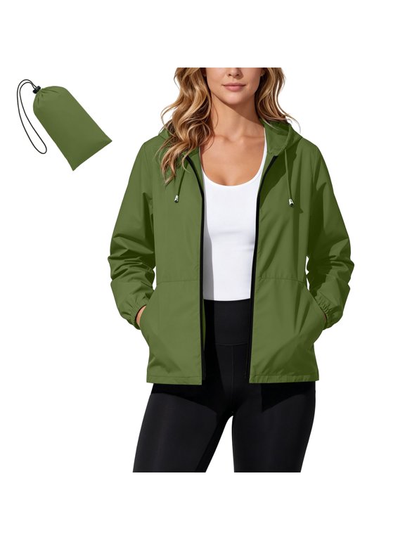 Womens Packable Drawstring Hooded Rain Jacket Zip Up Windbreaker Lightweight Foldable Casual Outerwear with Storage Pouch for Travel Outdoor