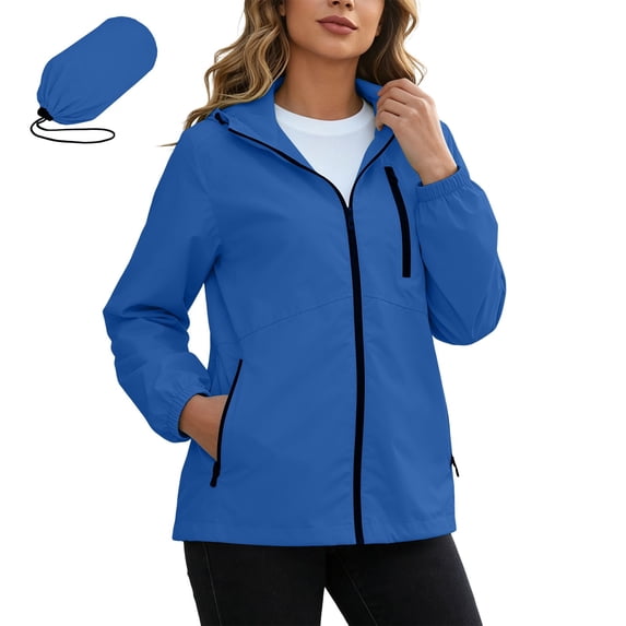 Lmueinov Womens Packable Hooded Rain Jacket Windbreaker Zip Up Elastic Cuffs Lightweight Foldable Casual Outerwear with Storage Pouch for Travel Outdoor