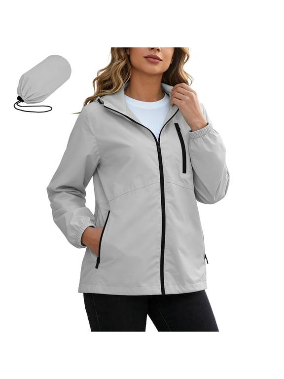 Womens Packable Hooded Rain Jacket Windbreaker Zip Up Elastic Cuffs Lightweight Foldable Casual Outerwear with Storage Pouch for Travel Outdoor