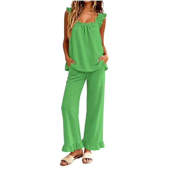 Lmueinov Womens Pajamas Set 2 Piece Ruffle Pajama Soft Tank Tops and Long Wide Pants Pocket Sleepwear Lounge Sets for Women Set Sleeveless, S-2XL