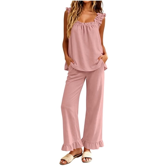 Lmueinov Womens Pajamas Set 2 Piece Ruffle Pajama Soft Tank Tops and Long Wide Pants Pocket Sleepwear Lounge Sets for Women Set Sleeveless, S-2XL