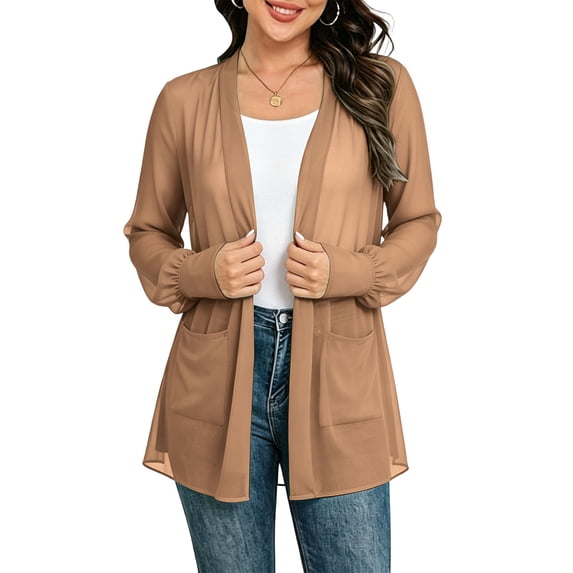 Lmueinov Womens Plus Size 100% Chiffon Cardigan Long Sleeve Lantern Sleeve Lightweight Cover Up Cardigan with Pocketed Summer Fall Casual Daily Wear S-3XL