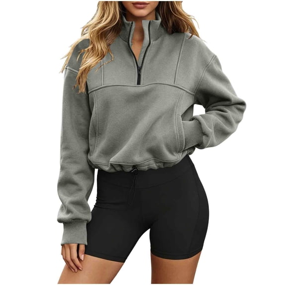 Lmueinov Womens Quarter Zip Pullover Sweatshirt Stand Collar Long Sleeve Cropped Top with Pockets Adjustable Drawstring Hem Sweatshirt Fall Loungewear