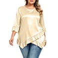 thumbnail image 1 of Lmueinov Womens Satin Summer Tops Plus Size 3/4 Length Sleeve Ruffle Hem Shirts Crew Neck Solid Flowy Casual Trendy Fall Going Out Tops for Women S-5XL, 1 of 4