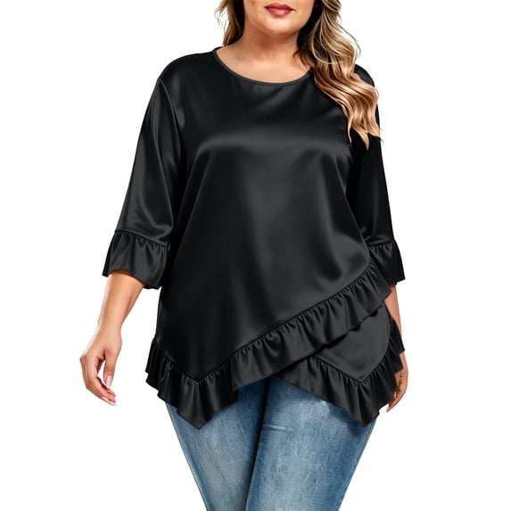 Lmueinov Womens Satin Summer Tops Plus Size 3/4 Length Sleeve Ruffle Hem Shirts Crew Neck Solid Flowy Casual Trendy Fall Going Out Tops for Women S-5XL