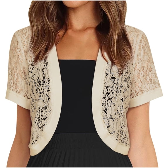 Lmueinov Womens Short Sleeve Lace Shrug Cardigan Sweaters Cropped Open Front Sheer Bolero Shrug Cover Up for Summer Beach Vacation Daily Outfits