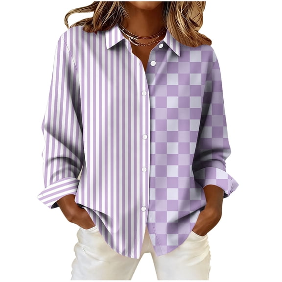 Lmueinov Womens Striped Checkered Patchwork Tops Long Sleeve Button Down Blouse Loose Fit Casual Office Top with Collared Neck for Deach Vacation Daily