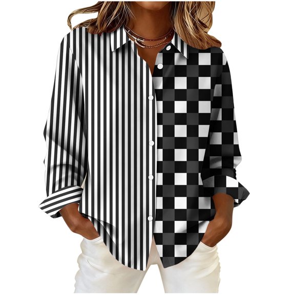 Lmueinov Womens Striped Checkered Patchwork Tops Long Sleeve Button Down Blouse Loose Fit Casual Office Top with Collared Neck for Deach Vacation Daily