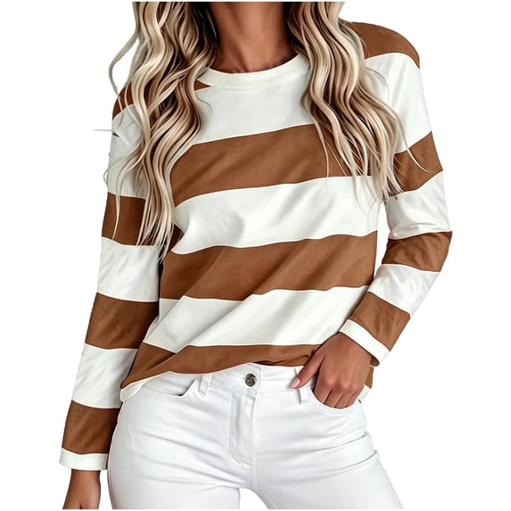 Lmueinov Womens Striped Tops Loose Fit Crew Neck Long Sleeve Shirts for Women Lightweight 2026 Fall Casual Outfits