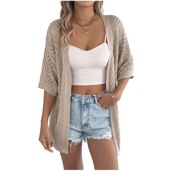 Lmueinov Womens Summer Cardigan Sweaters Boho Short Sleeve Knitted Open Front Lightweight Beach Cover Up Mid Length Elbow Sleeve Loose Fit Vacation Top