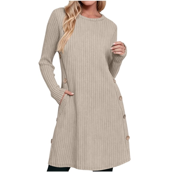 Lmueinov Womens Sweater Dress Long Sleeve Ribbed Knit Tunic Dress Crew Neck Mini Dress with Pockets Buttons Stretchy Casual Fall Tops for Leggings
