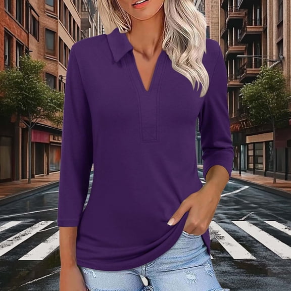 Lmueinov Womens Tops 3/4 Length Sleeve Shirts with Collar V Neck Business Casual Work Tunic Blouses Basic Tees 2025 Fall Outfits