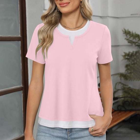 Lmueinov Womens Tops with Crew Neck Fake Two Piece Short Sleeve Crew Neck Casual Layered Look Blouse Soft Stretchy Fabric for Everyday Outfits and Casual Occasions