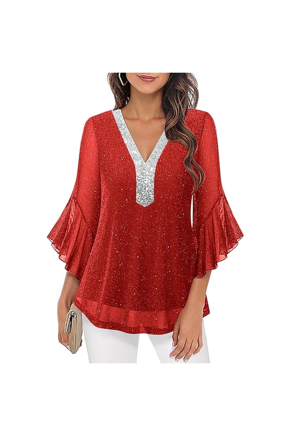 Womens Tops Dressy Casual Ruffle 3/4 Sleeve Sparkly Tops Sequin V Neck Chiffon Flowy Blouses Shirts