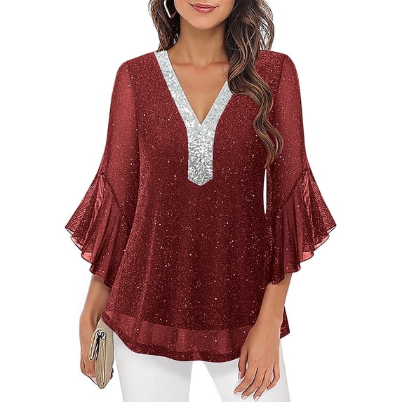 Lmueinov Womens Tops Dressy Casual Ruffle 3/4 Sleeve Sparkly Tops Sequin V Neck Chiffon Flowy Blouses Shirts