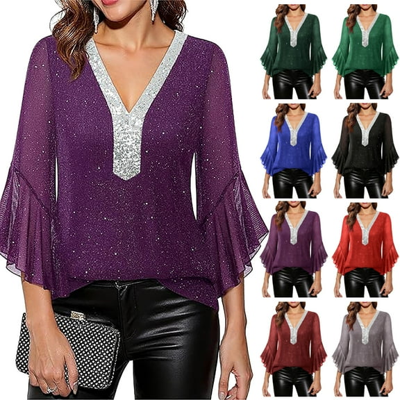 Lmueinov Womens Tops Dressy Casual Ruffle 3/4 Sleeve Sparkly Tops Sequin V Neck Chiffon Flowy Blouses Shirts