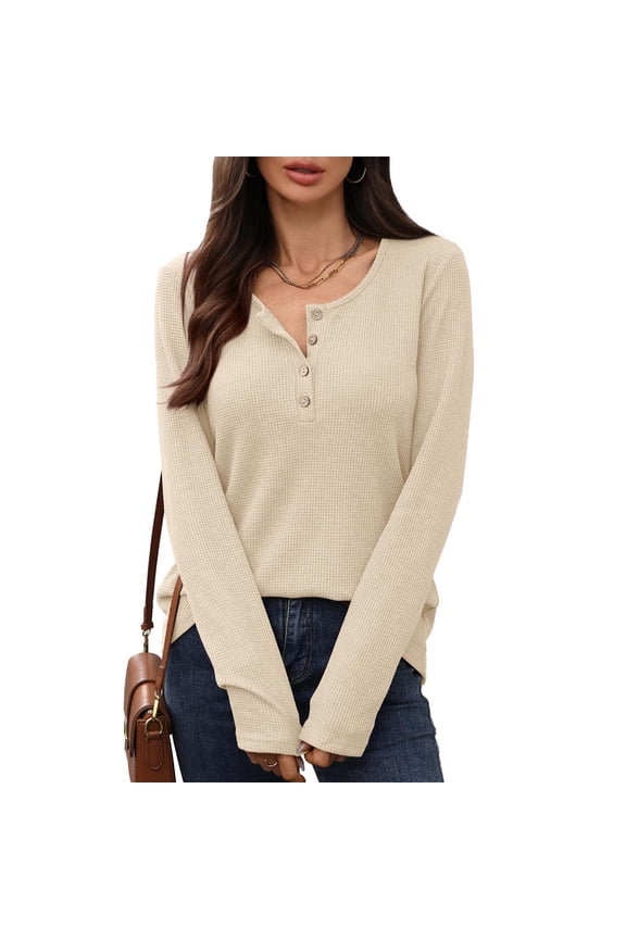 Womens Tops Waffle Casual Long Sleeve Tunic Tops Curved Hem V Neck Henley Shirts for Women Winter Clothes