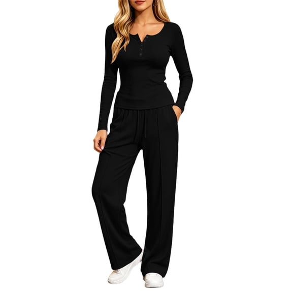 Lmueinov Womens Two Piece Set Button Crew Neck Sweatshirt Lightweight Drawstring Wide Leg Pants Lounge Set with Pockets Comfy Fall Winter Clothes