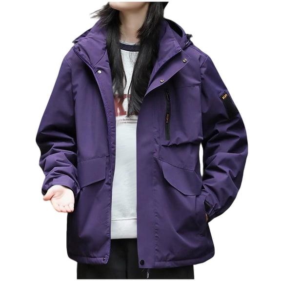 Lmueinov Womens Waterproof Hooded Windbreaker Jacket with Pockets Zip Snap Hiking Jacket with Hook Loop Cuffs for Fall Winter Outdoor Hiking Daily Wear S-5XL