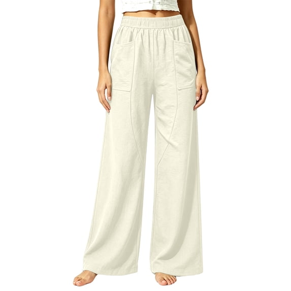 Lmueinov Womens Wide Leg Cotton Linen Pants Elastic Waist Casual Flowy Palazzo Pants for Women Solid Color Breathable Lounge Trousers with Pockets