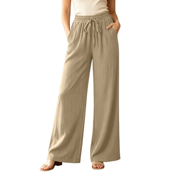 Lmueinov Womens Wide Leg Pants with Pockets Cotton Drawstring High Waisted Flowy Palazzo Pants Summer Fall Lightweight Loose Fit Travel Vacation Pants