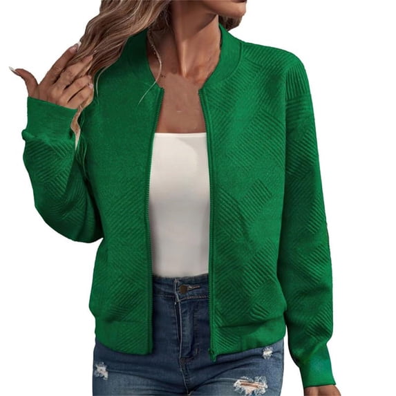 Lmueinov Womens Zip Up Bomber Jacket Long Sleeve Textured Casual Lightweight Coat Mid Length Business Outerwear with Pockets Fall Winter Clothes