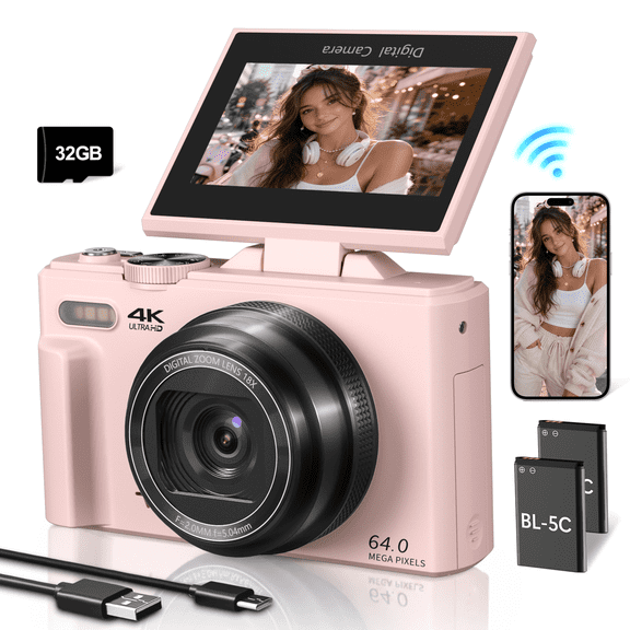 Lmzour 4K 64MP Digital Camera for Beginners,3" 180° Flip Screen,18X Digital Zoom WiFi Vlogging Camera for YouTube,32GB Card,Travel Content Camera