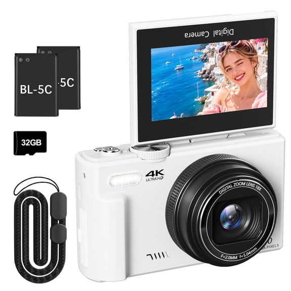 Lmzour 64MP 4K Digital Camera with 18X Zoom, 3-Inch 180° Flip Screen, WiFi, 32GB SD Card, 2 Batteries, White