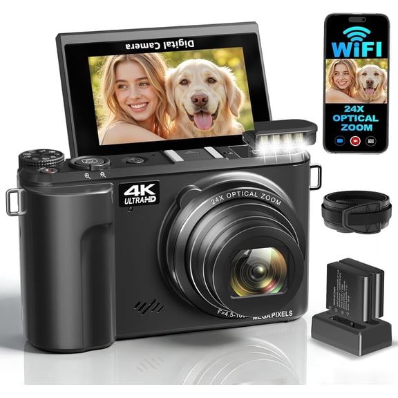 Lmzour 88MP 4K WIFI Digital Camera, 24X Optical Zoom, 180 Flip Screen Vlog Camera, Compact Portable Travel Camera for Beginners and Content Creators