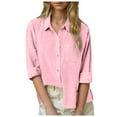 thumbnail image 1 of Lndajk Girl's Casual Linen Blouse: Light Blue, 3/4 Sleeves, Point Collar with Button Front for Everyday Wear Pink 5 Years, 1 of 1