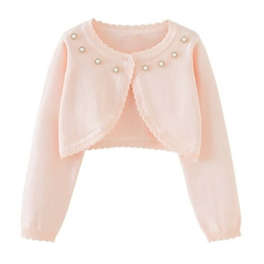 Lndajk Girls' Cropped Knit Cardigan Long Sleeve Pearl Embellishments Button Cardigan Coat Pink 7 Years