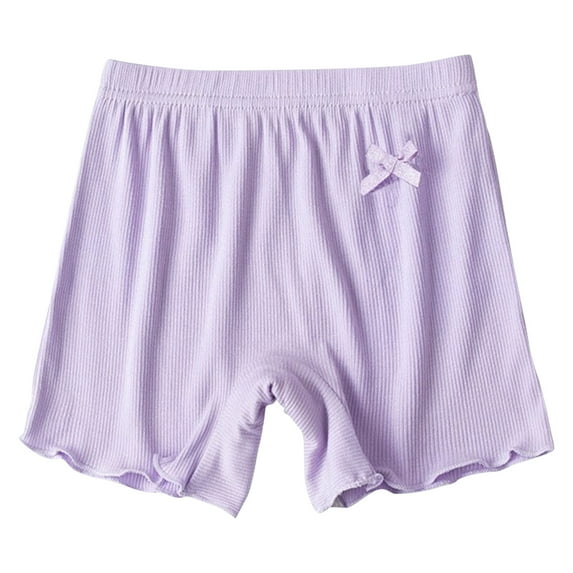 Lndajk Girls' Ribbed Cotton Shorts High-Waisted Elastic Waist with Bow Detail Mini Length Solid Color Casual Wear Purple 8Years